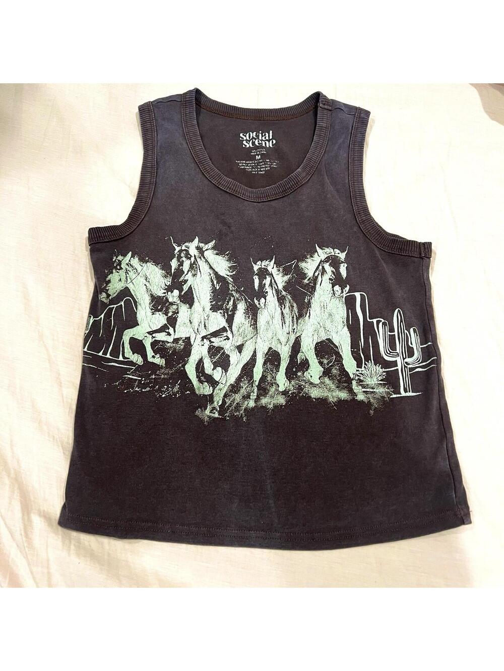 Wild Horses Tank Top Medium M Brown Faded Graphic Distressed Social Scene